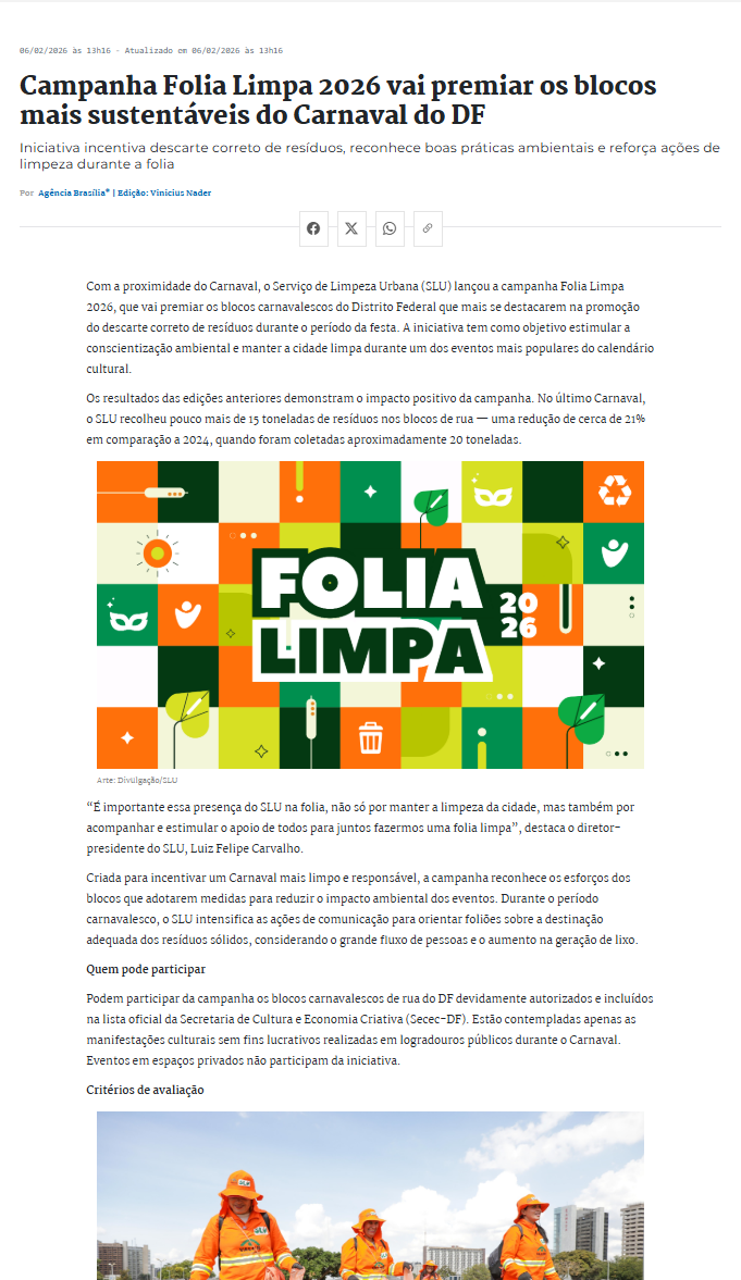 Campanha Folia Limpa 2026 vai premiar os blocos mais sustentáveis do Carnaval do DF